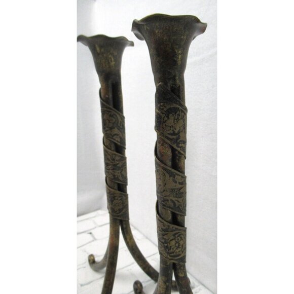 Pair of 10" Metal Candle Holders Wrapped in Poinsettia Flower Design Metal Band - Picture 2 of 7